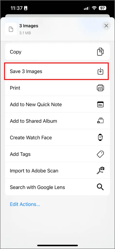 Salvando imagens do Google Drive no aplicativo Arquivos do iPhone