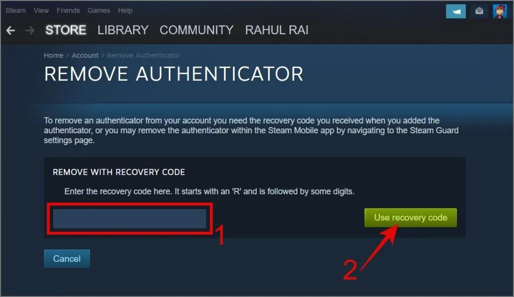 Entrez le code de récupération Steam Guard