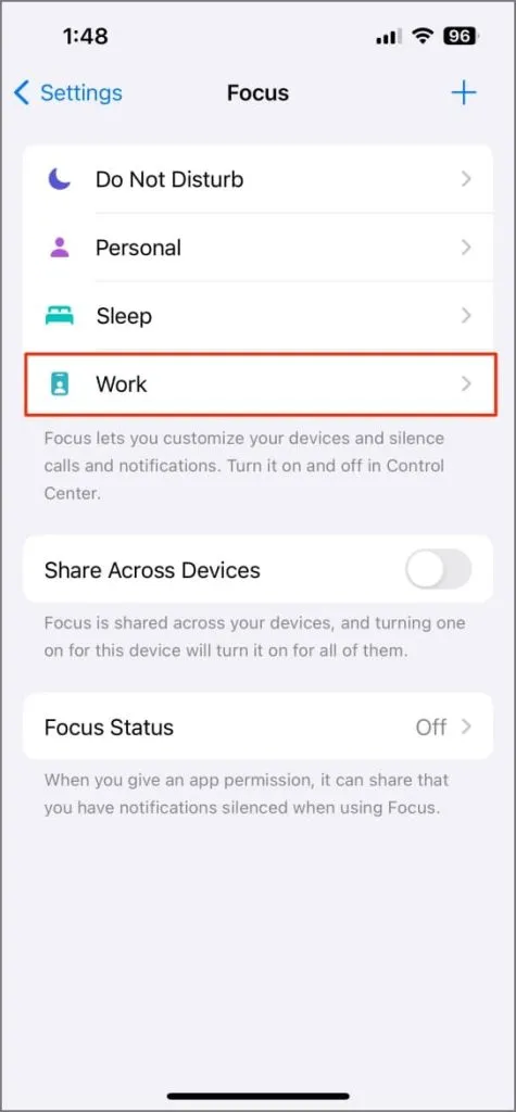 Modo de foco nas configurações do iOS 17 no iPhone