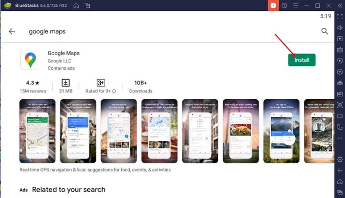 Noklikšķiniet uz pogas Instalēt aiz Google Maps