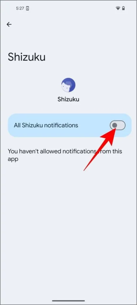 Configuración de notificaciones de Shizuku en Android