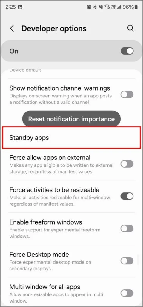 Le app in standby sono disponibili nelle Opzioni sviluppatore su Android