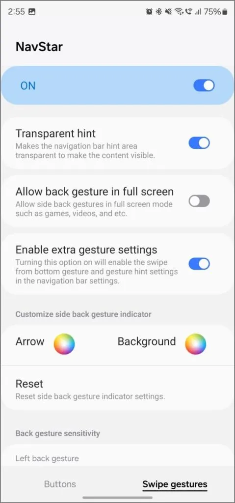 Opción de sugerencia transparente en la configuración de NavStar