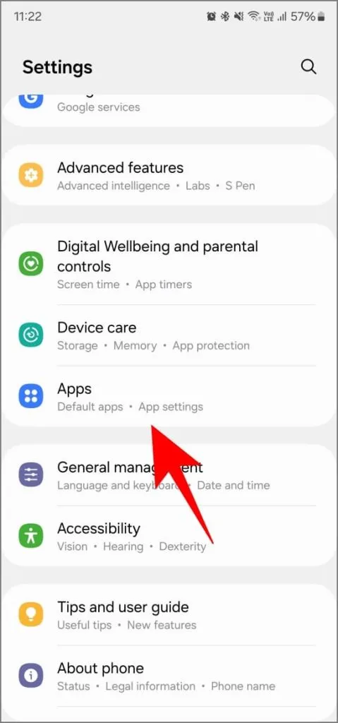 Apper i Innstillinger i One UI 6.1 på Samsung Galaxy-telefonen