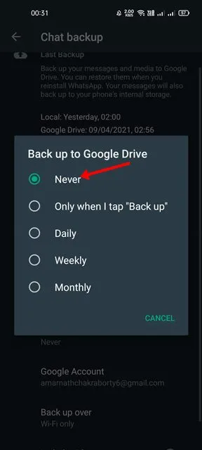 Opzione Mai backup di Google Drive