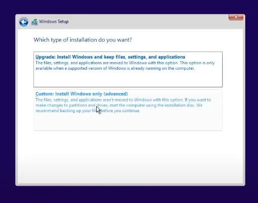 Brugerdefineret: Installer kun Windows (avanceret)