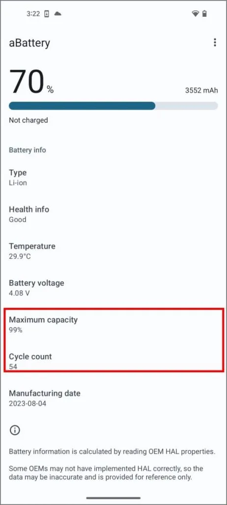 Android 14 の aBattery アプリでのバッテリーの状態