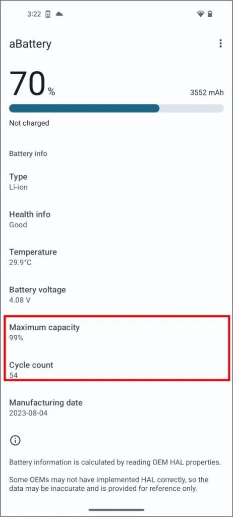 Batterihelse i aBattery-appen på Android 14