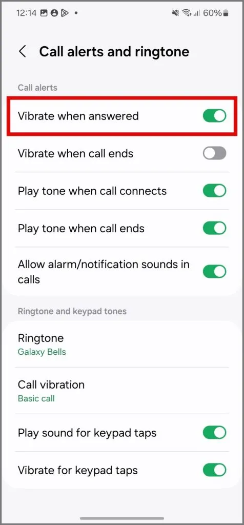 activer l'option Vibration en cas de réponse sur Samsung Galaxy