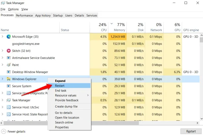 重新啟動 Windows 資源管理器