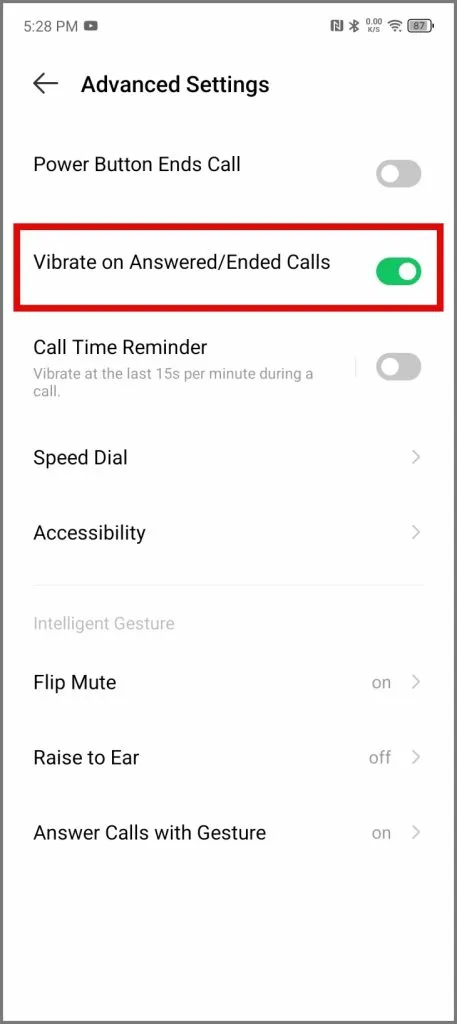 включете вибриране при отговорено или прекратено повикване на Infinix