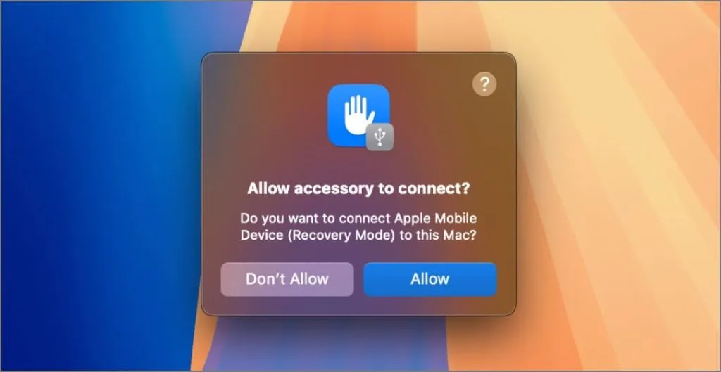 Consenti all'accessorio di connettere il popup per la modalità di ripristino dell'iPhone su Mac