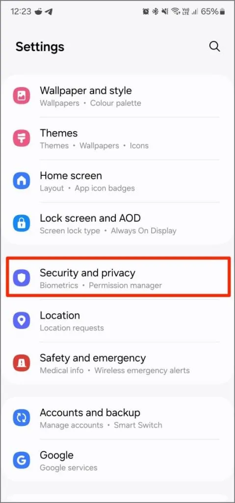 Configurações de segurança e privacidade no One UI 6.1 no Samsung Galaxy S23 Ultra