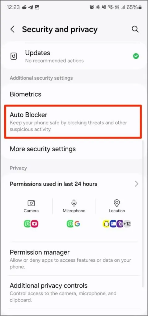 Recurso Auto Blocker no One UI 6.1 no Samsung Galaxy S23 Ultra