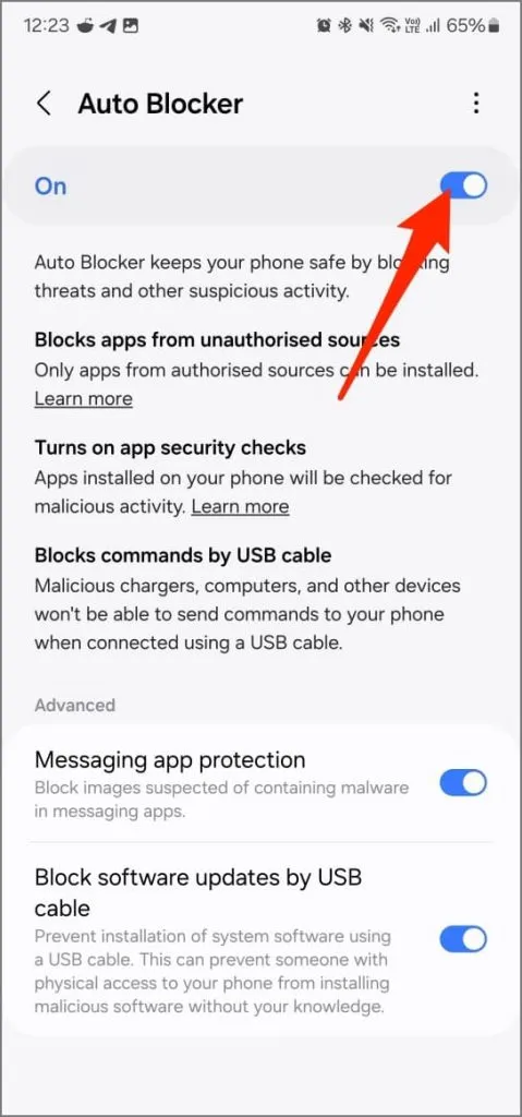 Auto Blocker-funktion i One UI 6.1 på Samsung Galaxy S23 Ultra