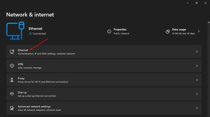 Haga clic en la opción Ethernet