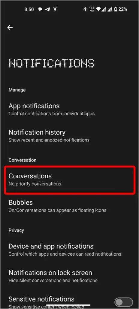 Opción de conversaciones en Android