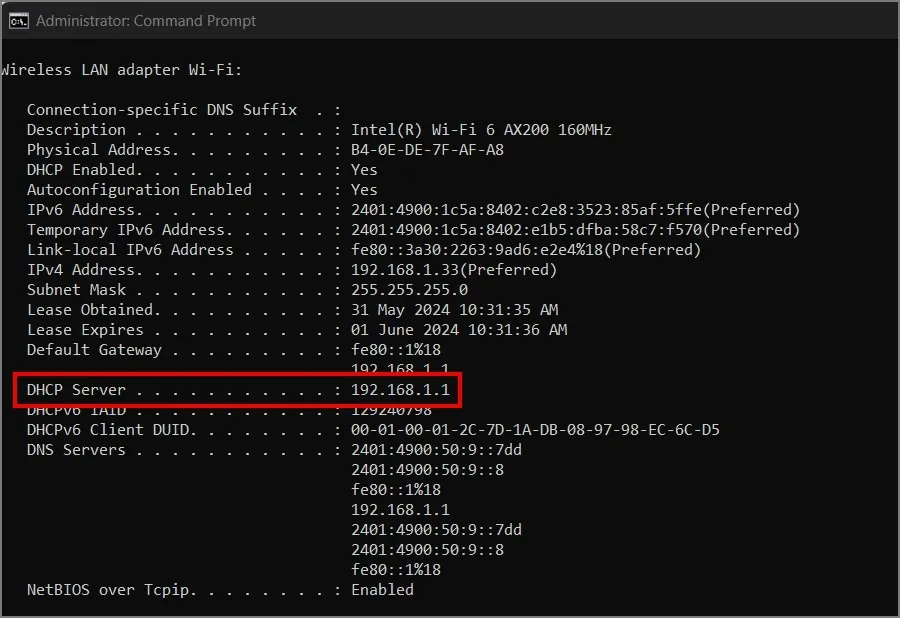 Copie o número da linha do servidor DHCP