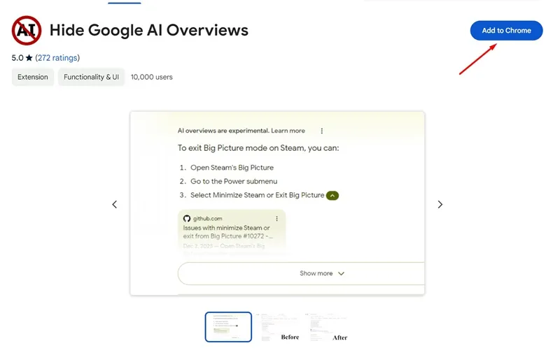 Nascondi le panoramiche di Google AI