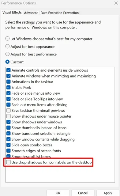 Utiliser des ombres portées pour les étiquettes d'icônes sur le bureau