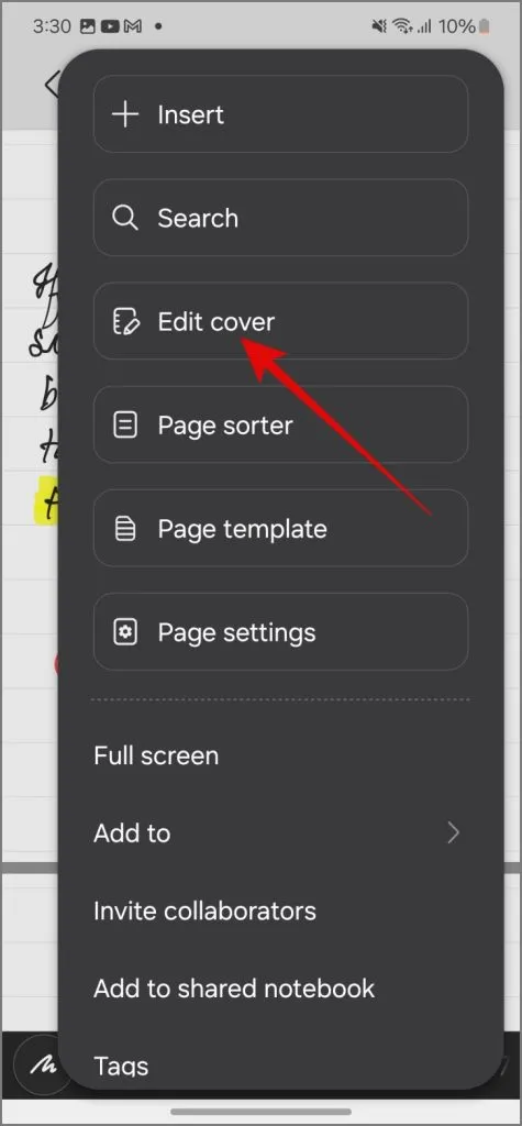 Option Modifier la couverture dans l'application Samsung Notes