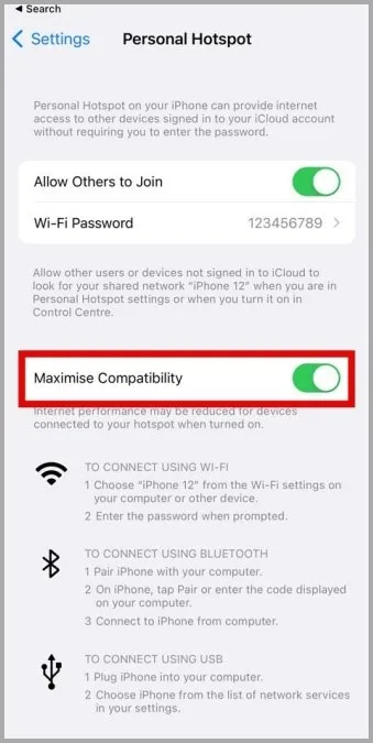 Habilite Maximizar Compatibilidade no iPhone