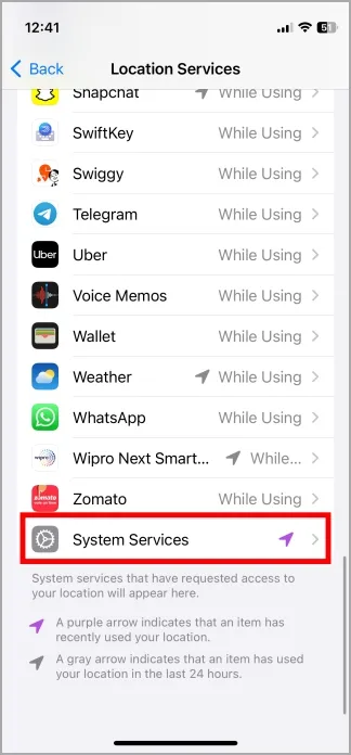 servicios de ubicación de iPhone en servicios del sistema