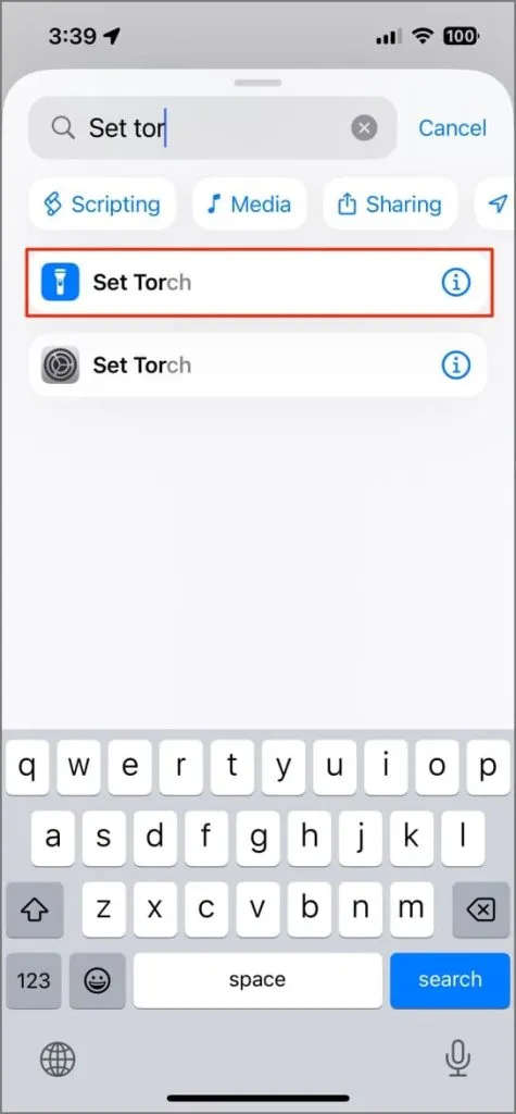 Създаване на пряк път за таймер на фенерче в приложението Shortcuts на iPhone