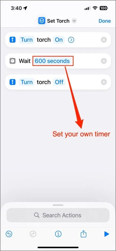 Créer un raccourci pour la minuterie de la lampe de poche dans l'application Raccourcis sur iPhone