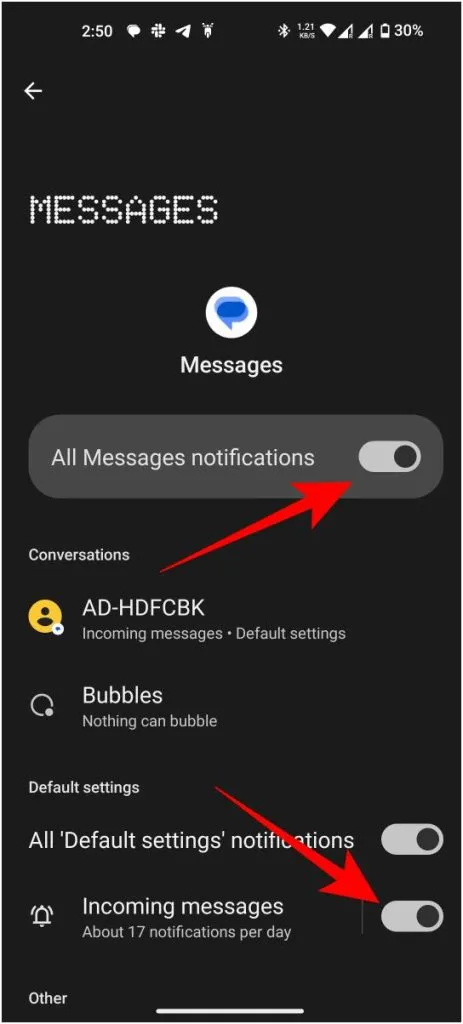 Activation des notifications de l'application Messages sur Android