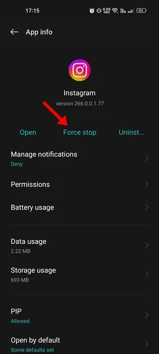Принудительно остановите ваше приложение Instagram