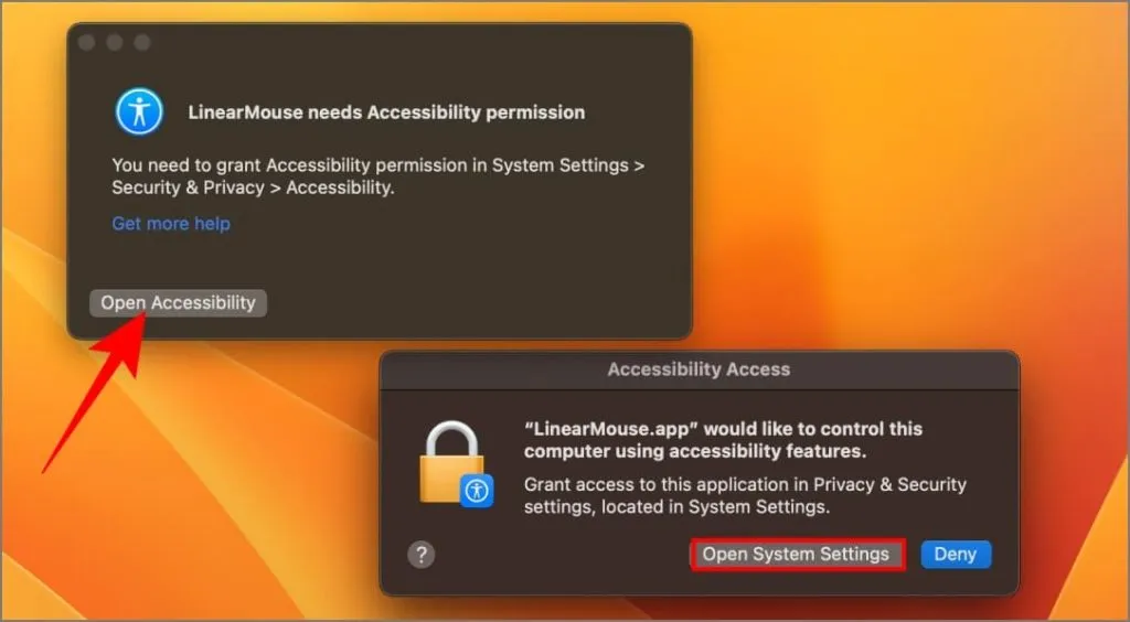 Concessione dell'accesso con accessibilità all'app LinearMouse su macOS