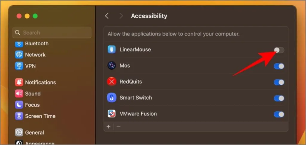 Concessione dell'accesso con accessibilità all'app LinearMouse su macOS