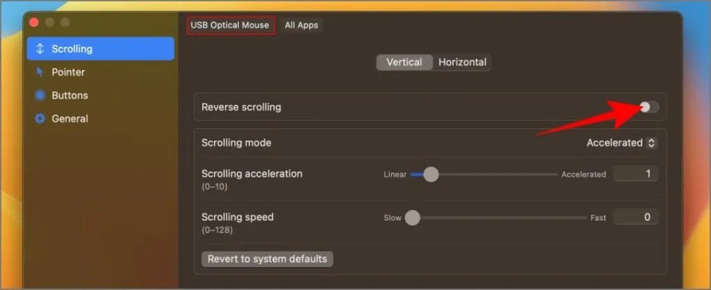 Käänteinen vieritysominaisuus macOS:n LinearMouse-sovelluksessa