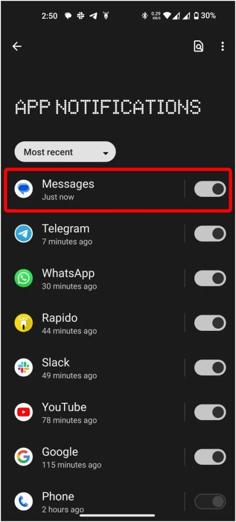 Beskeder App Notifikationsindstillinger på Android