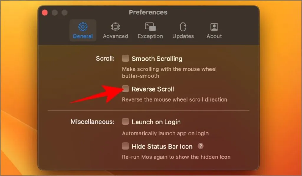 Attivazione dello scorrimento inverso per il mouse utilizzando l'app Mos su macOS