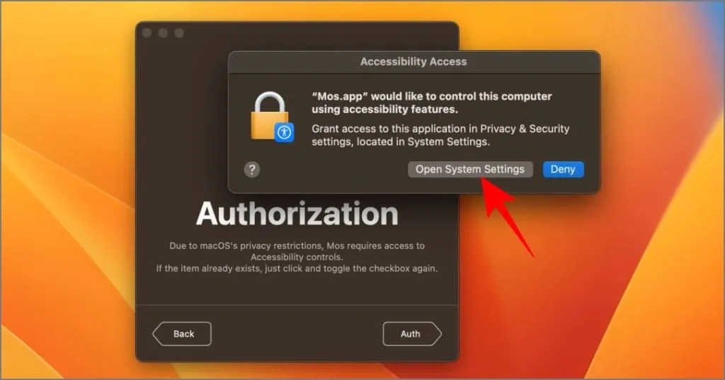 Concessione dell'accesso facilitato all'app Mos su macOS