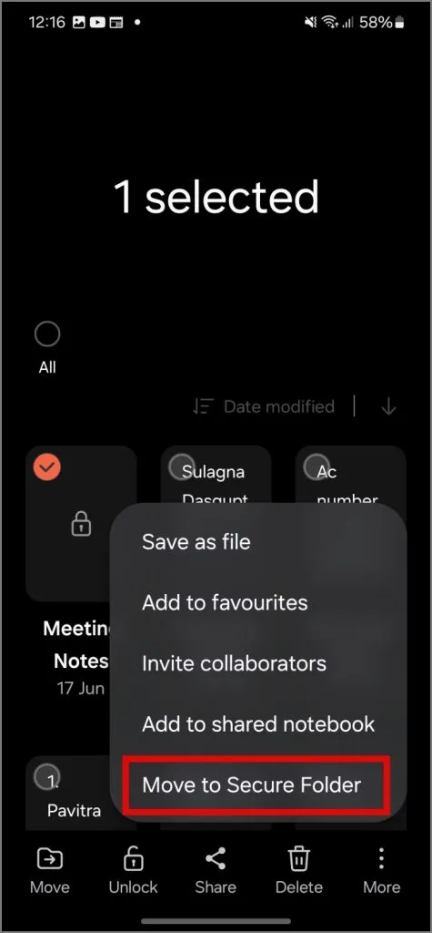 Přesuňte poznámky do zabezpečené složky