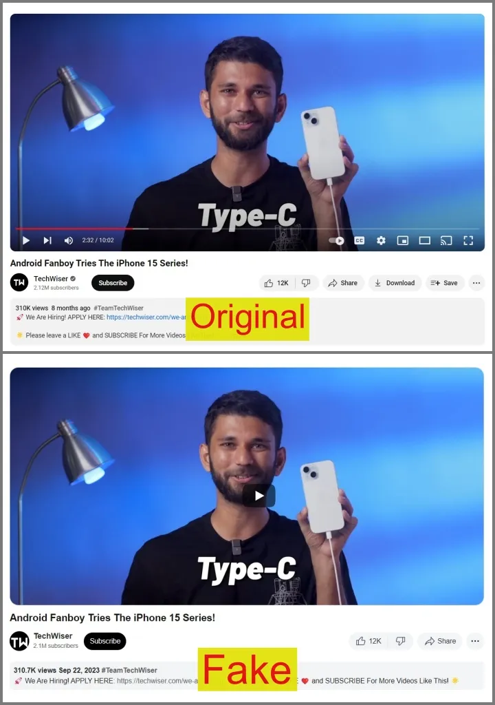 Originalus ir netikras „YouTube“ vaizdo įrašo įrašas