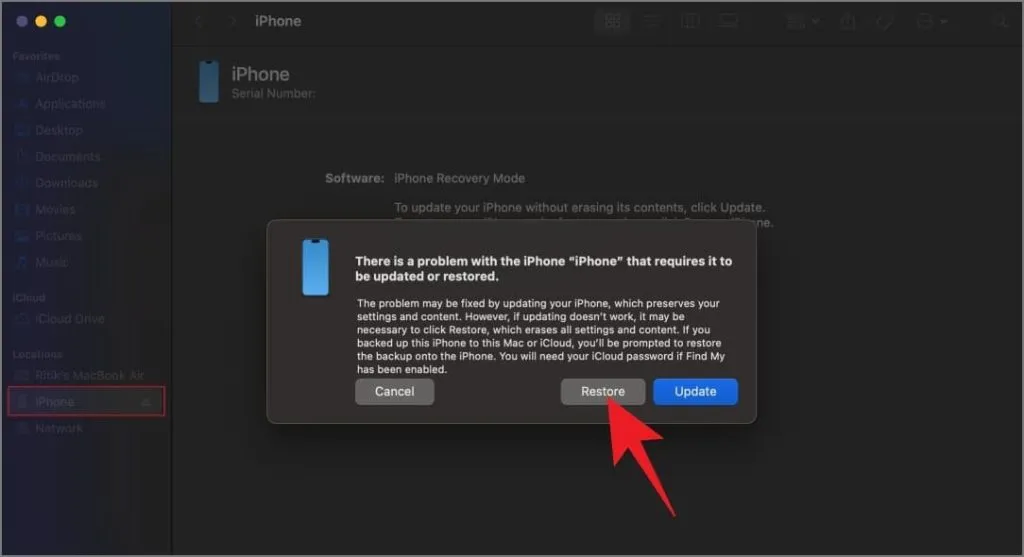 Opção de restauração para iPhone no Mac Finder