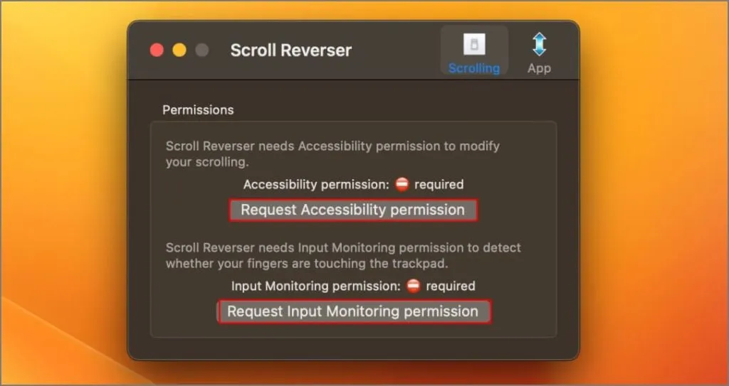 Разрешение приложения Scroll Reverser на macOS