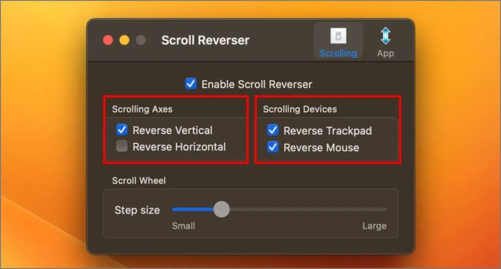 Настройки на Scroll Reverser в macOS