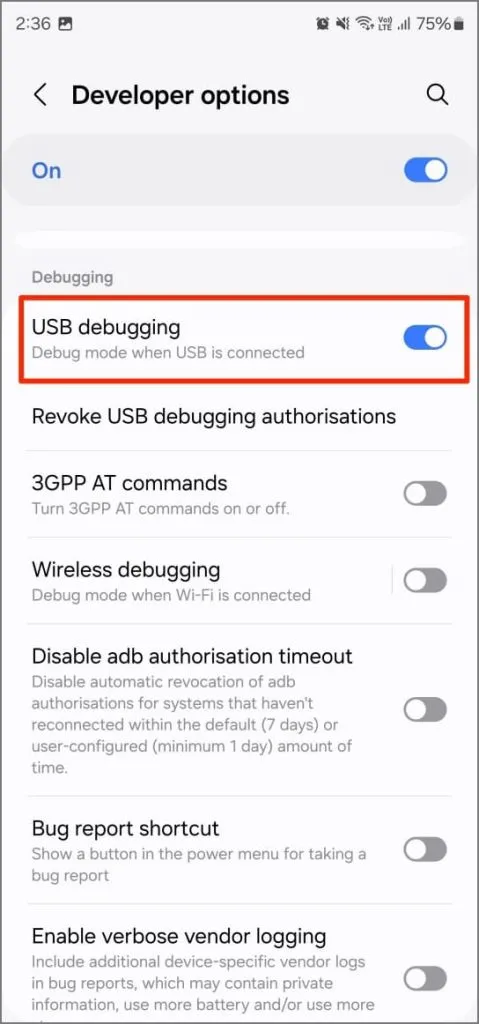 Debug USB nelle Opzioni sviluppatore