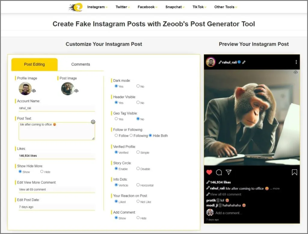 Zeoob - Fake Social Media Post Generator