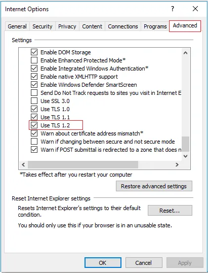 pažymėkite įgalinti TLS1.2 Windows 10 ir 8