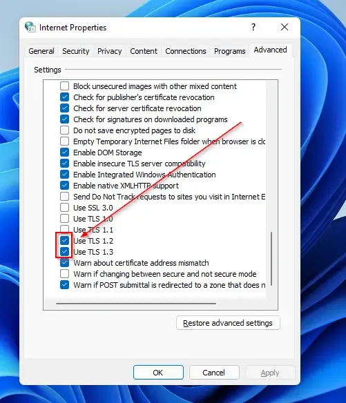 case à cocher pour TLS 1.2