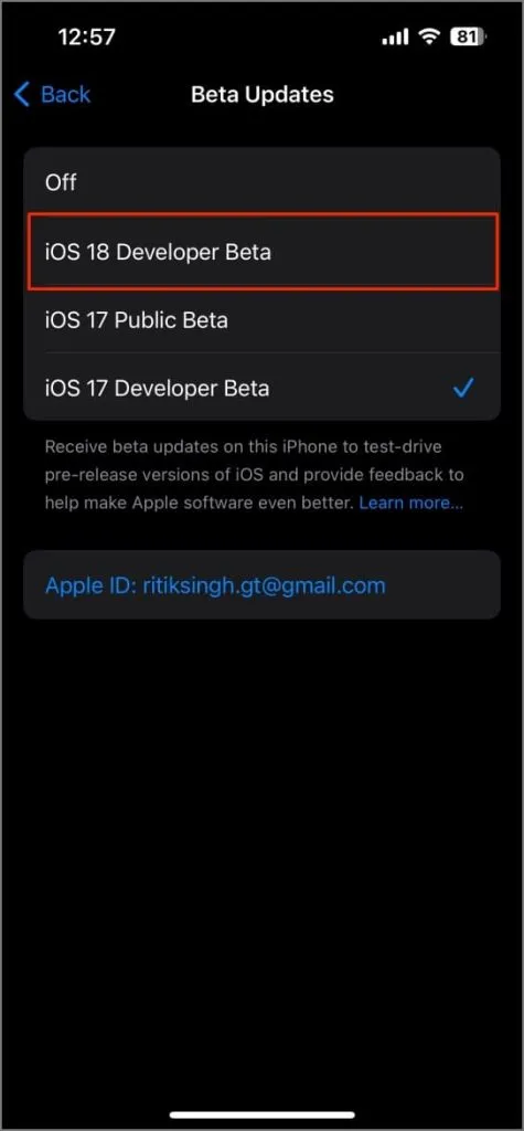 iPhoneでiOS 18開発者ベータアップデートをダウンロード