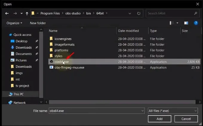 allez dans le dossier d'installation et sélectionnez le fichier obs.exe