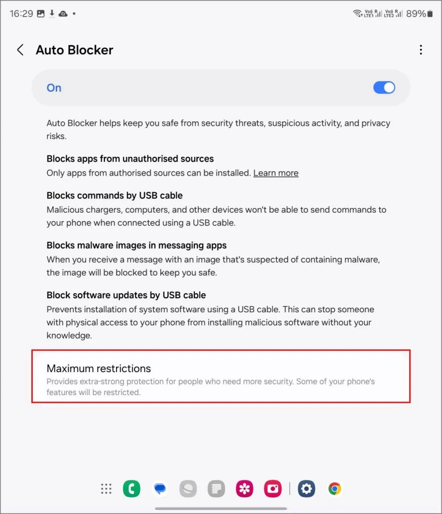 Modo de restricciones máximas en el bloqueador automático del Samsung Galaxy Z Fold 6