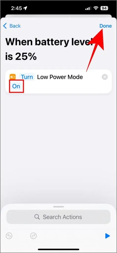 Verknüpfung zum Automatisieren des Energiesparmodus auf dem iPhone